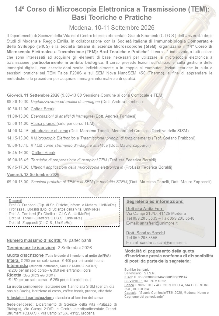Locandina del 14&deg; Corso di Microscopia Elettronica a Trasmissione, con programma, docenti, iscrizioni e sede a Modena